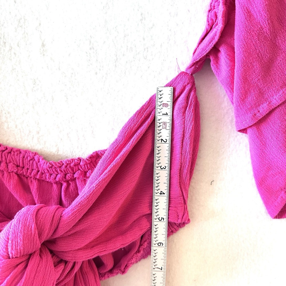 Meshki M Medium Aaliyah Tie-Front Crop Top Hot Pink Off Shoulder Poet Peasant - Picture 7 of 13